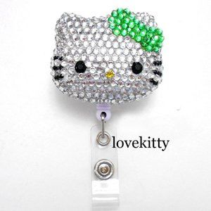 Green Hello Kitty Blinged Rhinestone Retractable ID Badge Reel Holder